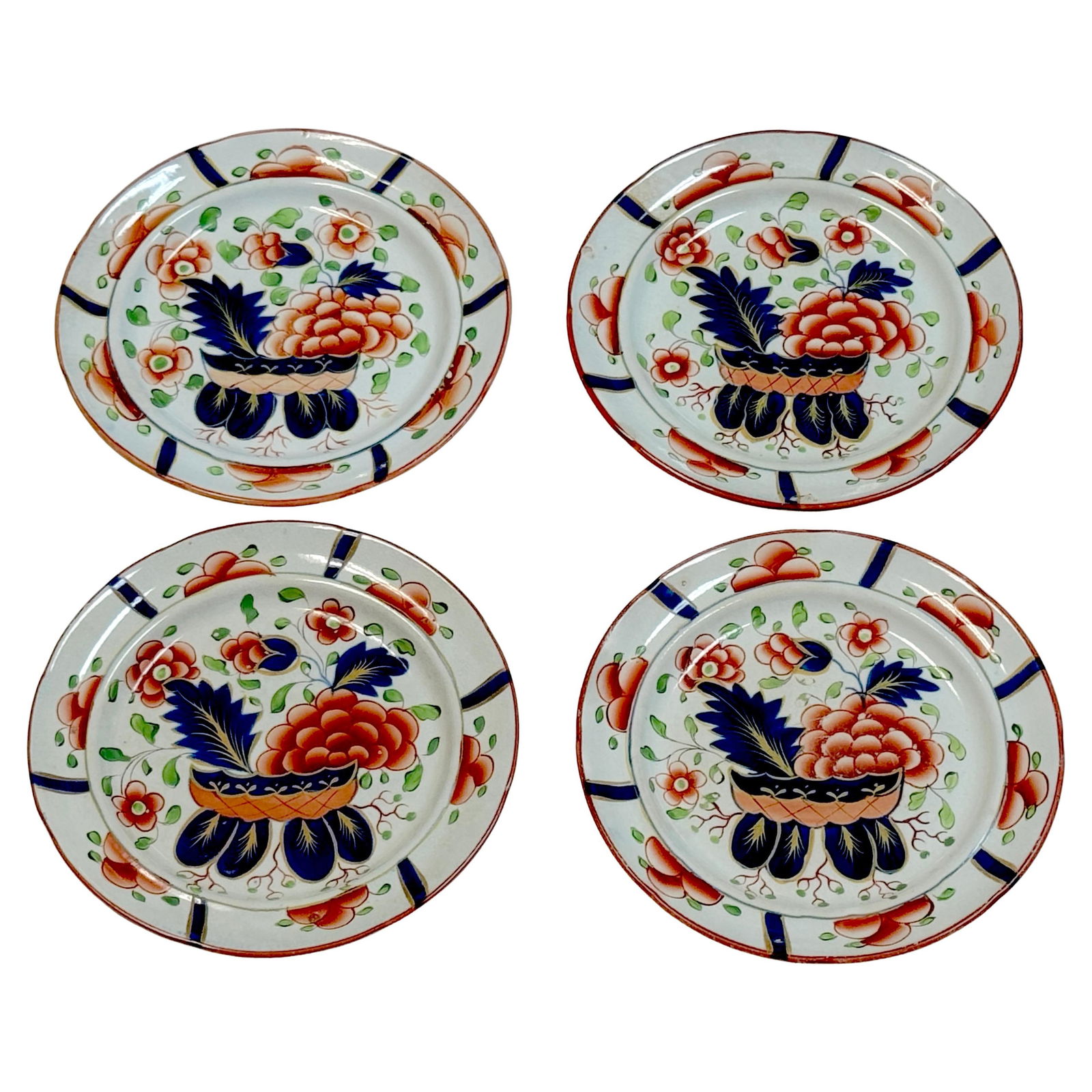 Set of 4 Gaudy Dutch War Bonnet Pattern Plates Staffordshire 19th Century: Set of 4 Gaudy Dutch War Bonnet Pattern Plates Staffordshire 19th Century This exquisite set of four Gaudy Dutch 'War Bonnet' pattern plates boasts a vibrant design that captures the essence of 19th-c