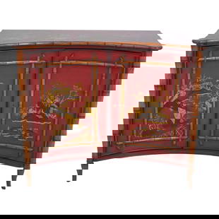 Chinoiserie Red 2 Door Commode Cabinet 43" W Quality Craftsmanship: Chinoiserie Red 2 Door Commode Cabinet 43" W Quality Craftsmanship This exquisite two-door commode cabinet showcases a stunning Chinoiserie paint-decorated finish with a bamboo form design. Crafted ap