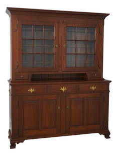 Vintage 60-Year-Old Cherry Step Back Cupboard with Antique Glass: Vintage 60-Year-Old Cherry Step Back Cupboard with Antique Glass This exquisite Bench Made Hand Crafted Primitive Cherry Step Back Cupboard showcases exceptional craftsmanship and quality. Crafted fro