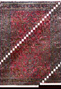 Antique Persian Sarouk Mohajeran Rug 9.2 x 12.1 Rich Burgundy: Antique Persian Sarouk Mohajeran Rug 9.2 x 12.1 Rich Burgundy Explore the exquisite craftsmanship of this Antique Persian Sarouk Mohajeran Quality Rug, featuring a rich burgundy hue that adds warmth a