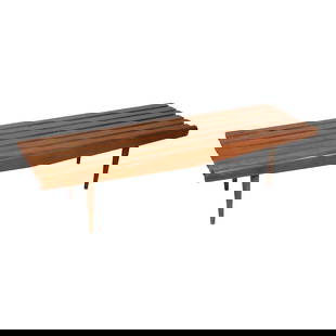 Mid Century Wood Slat Coffee Table 60 x 18.5 x 14.5 After Pearsall: Mid Century Wood Slat Coffee Table 60 x 18.5 x 14.5 After Pearsall This classic Mid Century slat bench coffee table features an asymmetrical wedge front panel detail, embodying the distinctive style o