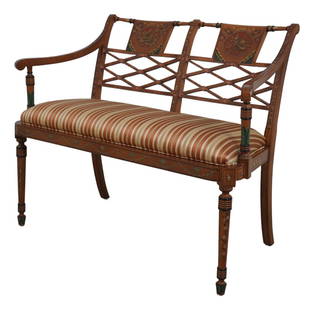 Italian Neoclassical Mahogany Hand-Painted Settee Bench: Italian Neoclassical Mahogany Hand-Painted Settee Bench This exquisite Italian Neoclassical bench settee showcases fine craftsmanship and elegant design. Constructed from mahogany, it features intrica