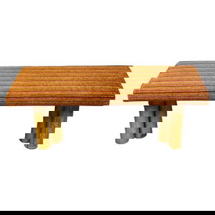 Mid-Century Modern Bamboo Bench with Marigold Upholstery: Mid-Century Modern Bamboo Bench with Marigold Upholstery This stunning Bamboo Upholstered Long Bench from the 1950s showcases a perfect blend of style and functionality. Designed in the Mid-Century Mo