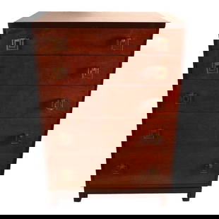 Renzo Rutili John Stuart Mahogany Burl Five-Drawer Chests 48.5x32x20: Renzo Rutili John Stuart Mahogany Burl Five-Drawer Chests 48.5x32x20 Discover a stunning matched pair of five-drawer chests designed by Renzo Rutili for John Stuart. These elegant High Boy form chests