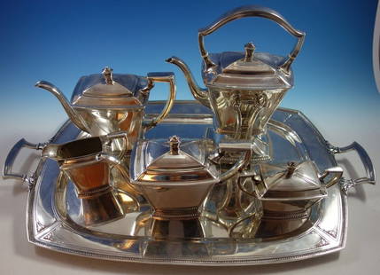 International Sterling Silver Pantheon 5pc Tea Set with Tray 1900-1940: International Sterling Silver Pantheon 5pc Tea Set with Tray 1900-1940 Introducing the exquisite Pantheon 5-piece tea set by International Sterling Silver, crafted between 1900-1940. This stunning set
