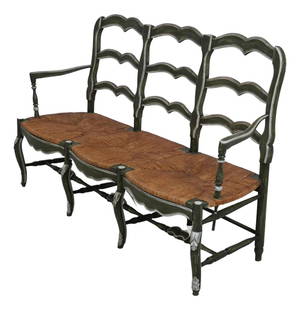 French Provincial French Country Style Rush Seat Settee: French Provincial French Country Style Rush Seat Settee This vintage French Provincial settee exudes charm and elegance, featuring a factory distressed finish that enhances its rustic appeal. With a w