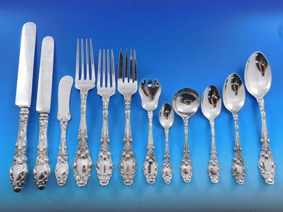 Gorham Virginiana Sterling Silver Flatware Set 173 pcs for 12 Service Art Nouveau: Gorham Virginiana Sterling Silver Flatware Set 173 pcs for 12 Service Art Nouveau Introducing the Virginiana Sterling Silver Flatware Set by Gorham, a stunning collection that showcases exquisite Art