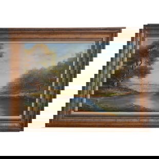 Lake & Town Signed Framed Oil Painting 45w x 33h Vibrant Colors Gold Frame: Lake & Town Signed Framed Oil Painting 45w x 33h Vibrant Colors Gold Frame This stunning framed oil painting on canvas, approximately 30 years old, features a large and impressive depiction of a seren