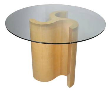 Postmodern Hollywood Regency Grass Cloth Brass Glass Dining Table 42in Diameter: Postmodern Hollywood Regency Grass Cloth Brass Glass Dining Table 42in Diameter This stunning Postmodern Hollywood Regency dining table features a unique design with a curved three-panel pedestal base