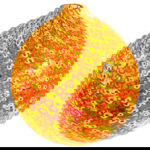 Stephen Rolfe Powell Monumental Orange Yellow Murrine Glass Sculpture Vase: Stephen Rolfe Powell Monumental Orange Yellow Murrine Glass Sculpture Vase This monumental glass sculpture/vase by acclaimed American artist Stephen Rolfe Powell (1951-2019) showcases his innovative a