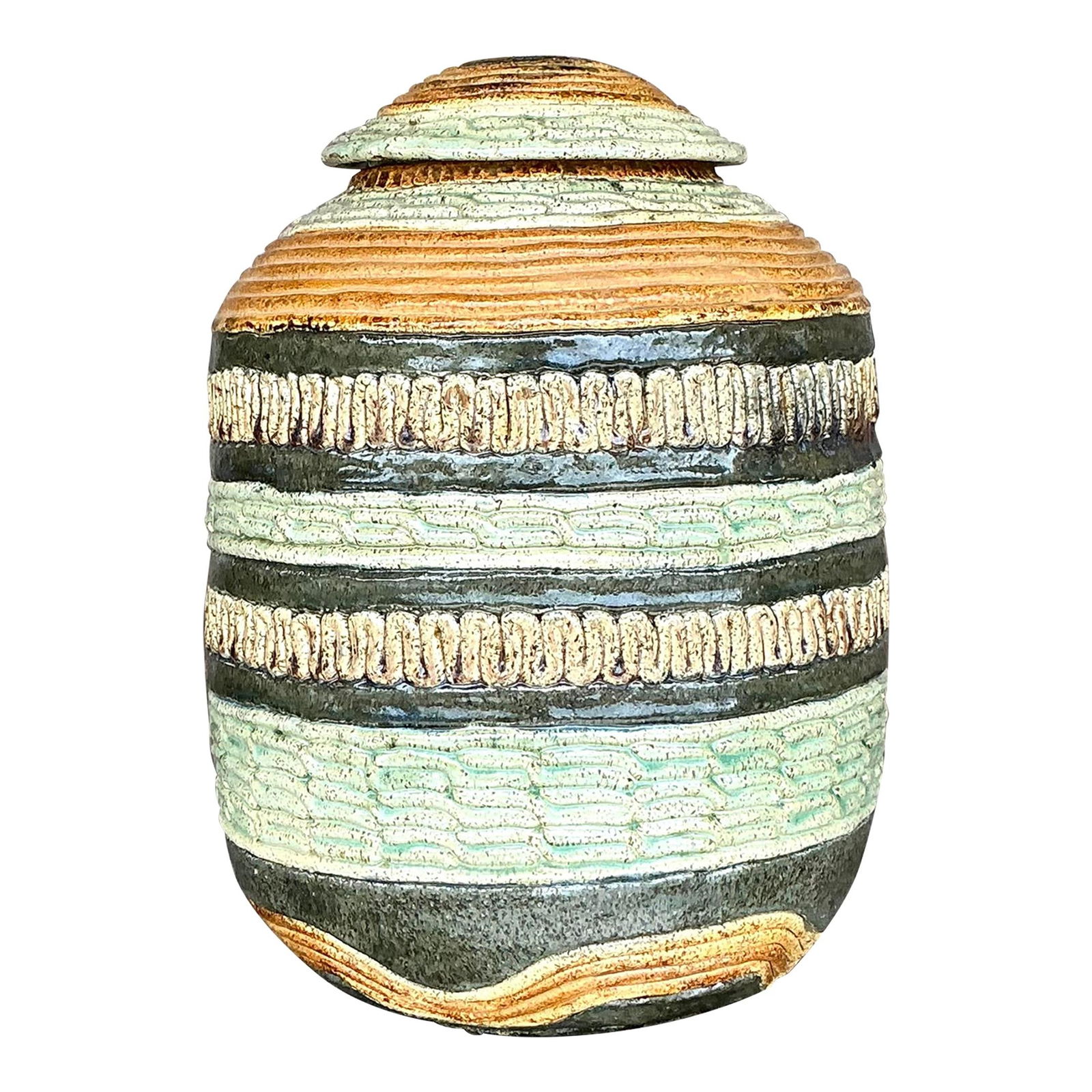 Vintage Boho Studio Pottery Lidded Urn 9 x 9 x 13.25 Asparagus: Vintage Boho Studio Pottery Lidded Urn 9 x 9 x 13.25 Asparagus This Vintage Boho Monumental Slab Built Studio Pottery Lidded Urn makes a bold statement in any space. Handcrafted with a rustic yet refi