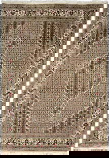 5.8 x 7.11 Tabriz Mahi Handmade Wool Silk Rug India: 5.8 x 7.11 Tabriz Mahi Handmade Wool Silk Rug India Discover the exquisite beauty of this 5.8 x 7.11 Tabriz Mahi Wool & Silk Traditional Rug, a perfect blend of traditional craftsmanship and modern el