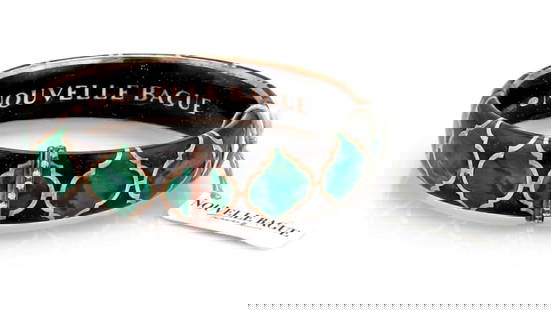 Nouvelle Bague 18k Yellow Gold Bangle Bracelet with Green Black Enamel: Nouvelle Bague 18k Yellow Gold Bangle Bracelet with Green Black Enamel This Nouvelle Bague bracelet is a stunning bangle crafted from 18k yellow gold, showcasing a unique design with vibrant green and