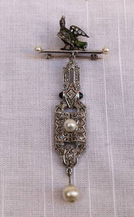 Art Deco French Platinum Diamond Pearl Sapphire Enamel Pendant Brooch: Art Deco French Platinum Diamond Pearl Sapphire Enamel Pendant Brooch This magnificent original Art Deco French brooch - pendant is made of platinum, diamond, sapphire, pearl, and enamel. It showcases