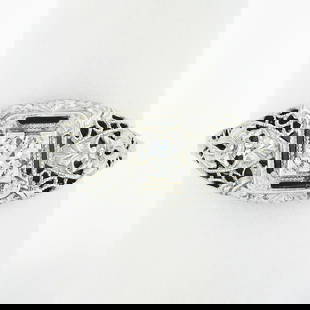 Antique Art Deco 18K White Gold Diamond Ring with Filigree Dome Style: Antique Art Deco 18K White Gold Diamond Ring with Filigree Dome Style Experience the elegance of this Antique Art Deco ring, crafted from solid 18K white gold. This exquisite piece features a round na