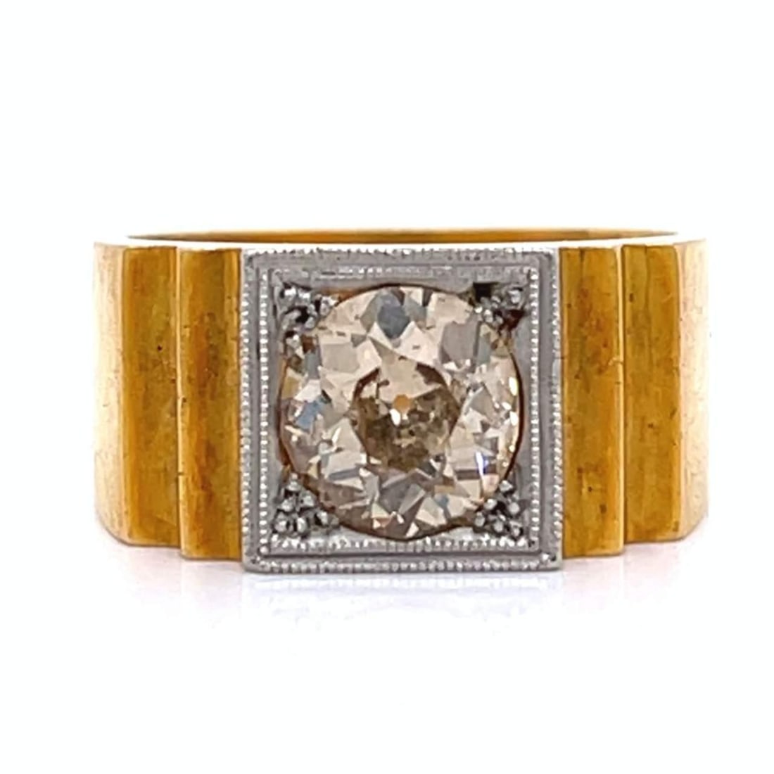 Vintage Art Deco 18K Yellow Gold Platinum Diamond Ring 1.40 Ct: Vintage Art Deco 18K Yellow Gold Platinum Diamond Ring 1.40 Ct This stunning Art Deco ring features an exquisite 1.40 Ct. Old Mine Champagne Colored Diamond with SI2 clarity, elegantly set in a combin