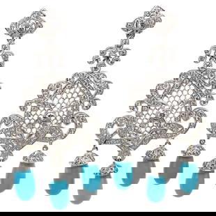 Edwardian Style 4.45ct Diamond Turquoise Earrings in 18k White Gold 2.75in: Edwardian Style 4.45ct Diamond Turquoise Earrings in 18k White Gold 2.75in These exquisite Edwardian-style chandelier earrings feature 4.45 carats of round cut diamonds, showcasing approximately H/I c