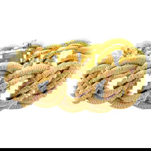 Harbor Diamonds 18K Yellow Gold Woven Link Bracelet 61g Contemporary Design: Harbor Diamonds 18K Yellow Gold Woven Link Bracelet 61g Contemporary Design This stunning wide double row woven link bracelet is crafted from 18 karat yellow gold, weighing an impressive 61 grams. Fea