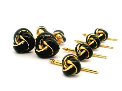 Vintage 18k Gold Black Enamel Cufflinks and Tuxedo Stud Set: Vintage 18k Gold Black Enamel Cufflinks and Tuxedo Stud Set Enhance your formal attire with these exquisite Vintage 18k Gold and Black Enamel Knot Cufflinks, complemented by a matching 4 Button Tuxedo