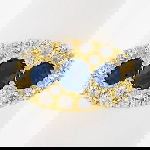 Antique 14k Gold 1.73ct Blue Sapphire & Diamond 3 Stone Cocktail Ring: Antique 14k Gold 1.73ct Blue Sapphire & Diamond 3 Stone Cocktail Ring This exquisite antique ring features a stunning design with a 14k solid yellow gold setting. It showcases three round blue sapphir