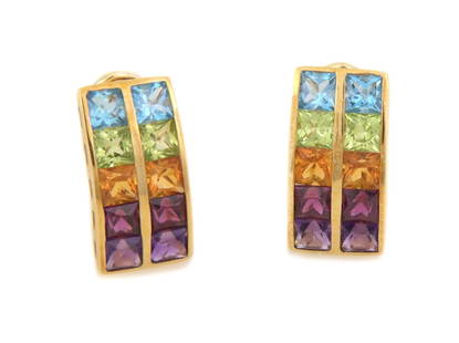 18k Yellow Gold Multicolor Gem Clip On Earrings 20mm Curve Design: 18k Yellow Gold Multicolor Gem Clip On Earrings 20mm Curve Design Elevate your style with these stunning clip-on earrings, expertly crafted from 18k yellow gold. The earrings feature a striking wide c