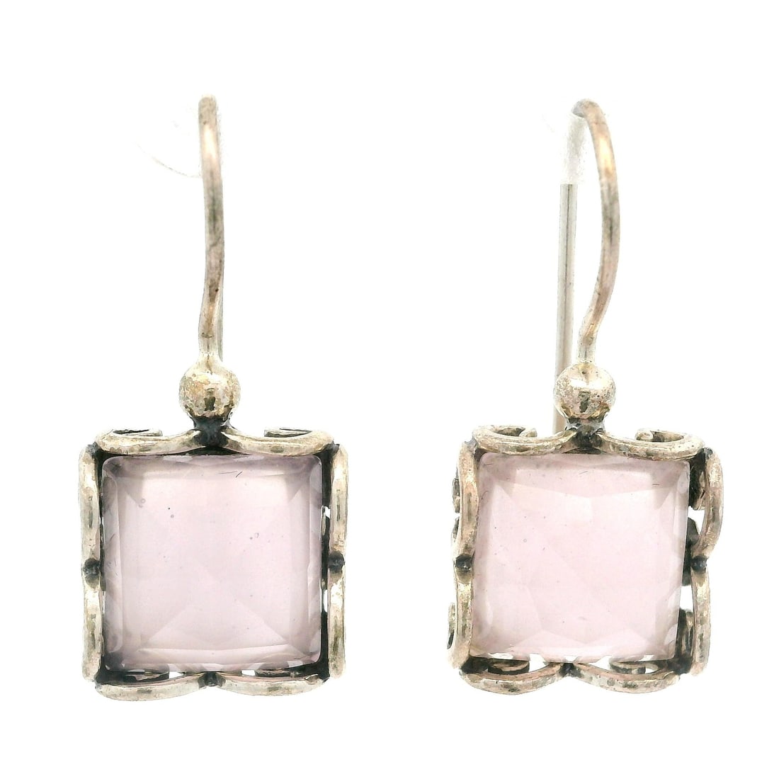 Vintage Sterling Silver Rose Quartz Square Drop Earrings: Vintage Sterling Silver Rose Quartz Square Drop Earrings Elevate your style with these Vintage Sterling Silver Faceted Rose Quartz Scroll Work Square Drop Earrings. Featuring a stunning square-shaped 