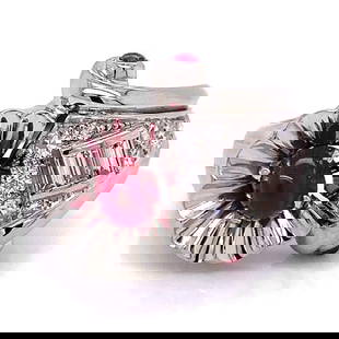 Art Deco 18K White Gold Ruby 0.60 Ct Diamond Ring Size 6.5: Art Deco 18K White Gold Ruby 0.60 Ct Diamond Ring Size 6.5 This stunning Art Deco ring features an exquisite design crafted from 18K white gold. At its center, a vibrant approximately 0.60 Ct ruby is