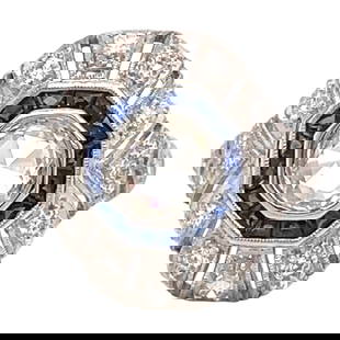 Art Deco Style 1.00ct Rose Cut Diamond with French Cut Sapphires Ring 18k White Gold: Art Deco Style 1.00ct Rose Cut Diamond with French Cut Sapphires Ring 18k White Gold This stunning Art Deco inspired ring features a captivating 1.00 ct rose cut diamond at its center, elegantly flank
