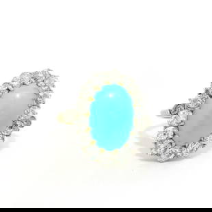 French Antique Edwardian 18k Gold Platinum Turquoise Diamond Cocktail Ring: French Antique Edwardian 18k Gold Platinum Turquoise Diamond Cocktail Ring This exquisite French Antique Edwardian ring features a stunning combination of 18k yellow gold and platinum, showcasing an e