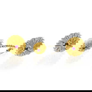 Tiffany & Co. Schlumberger 18K Yellow Gold Taj Mahal Ruby Cuff Links and Tie Tack: Tiffany & Co. Schlumberger 18K Yellow Gold Taj Mahal Ruby Cuff Links and Tie Tack These exquisite cuff links and tie tack by Tiffany & Co. are crafted from luxurious 18K yellow gold, featuring a stunn