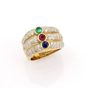 Elegant 18k Yellow Gold 3 Row Stack Ring with Diamonds and Gems Size 5: Elegant 18k Yellow Gold 3 Row Stack Ring with Diamonds and Gems Size 5 This exquisite 18k yellow gold ring features a stunning stack of three rows adorned with sparkling diamonds and vibrant multi-col