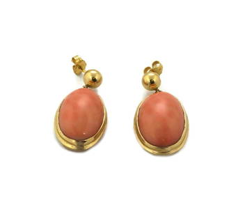 Vintage 14k Yellow Gold Salmon Coral Drop Earrings: Vintage 14k Yellow Gold Salmon Coral Drop Earrings Elevate your elegance with this beautiful pair of vintage drop dangle earrings, expertly crafted from 14k yellow gold. Each earring features a stunni