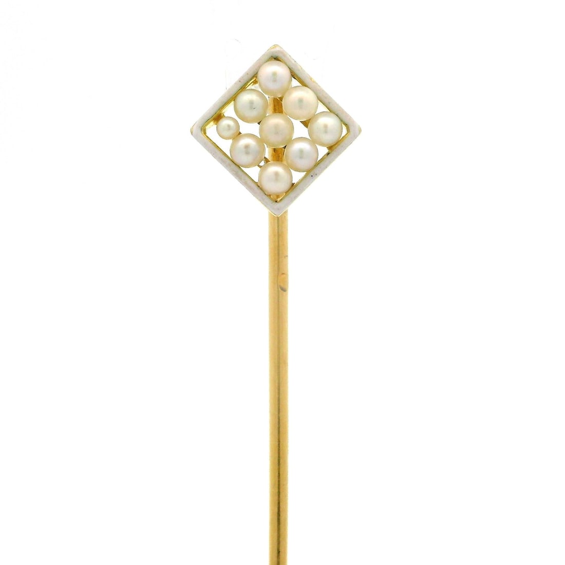 Victorian 18k Yellow Gold Seed Pearl Enamel Stick Pin: Victorian 18k Yellow Gold Seed Pearl Enamel Stick Pin This exquisite French antique Victorian stick pin features a stunning combination of 18k yellow gold, delicate seed pearls, and intricate enamel d