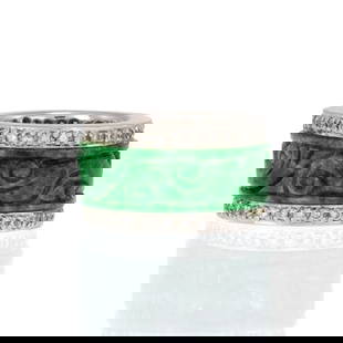 18k White Gold Jade Diamond Wedding Band 1ct Full Circle Design: 18k White Gold Jade Diamond Wedding Band 1ct Full Circle Design This stunning wedding or anniversary band is crafted from 18k white gold, showcasing a magnificent 7mm wide jade stone accented with int