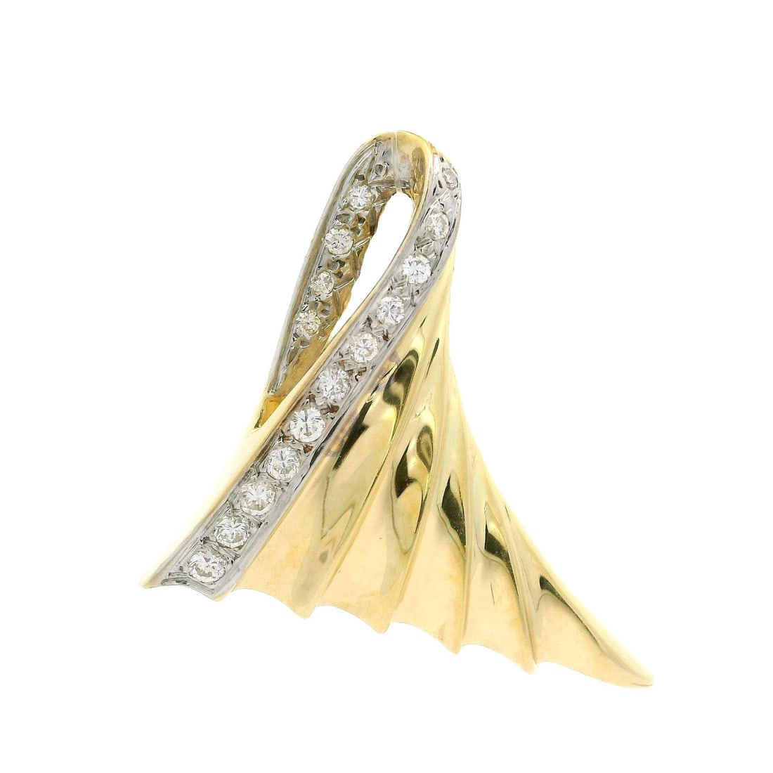 Elegant 14k Yellow Gold 0.25ctw Diamond Flared Sail Pendant: Elegant 14k Yellow Gold 0.25ctw Diamond Flared Sail Pendant This exquisite pendant showcases a stunning design crafted in 14k yellow gold, featuring a polished flared sail scalloped style. The pendant
