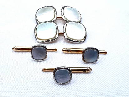 Larter & Sons Platinum Gold Mother of Pearl Cufflinks and Studs Set: Larter & Sons Platinum Gold Mother of Pearl Cufflinks and Studs Set This exquisite dress set by Larter & Sons includes a pair of cufflinks and three studs, crafted from luxurious platinum, 14K yellow