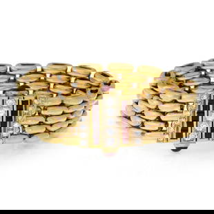 Stunning 18k Yellow Gold Diamond Ruby Panther Bracelet 5 Row Flex: Stunning 18k Yellow Gold Diamond Ruby Panther Bracelet 5 Row Flex This is a stunning wide link bracelet; it is crafted from 18k yellow gold featuring a beautiful fancy clasp with 4 rows set with alter