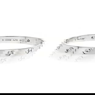 Cartier Love Bracelet 18K White Gold 4 Diamonds Size 18: Cartier Love Bracelet 18K White Gold 4 Diamonds Size 18 This stunning Cartier Love Bracelet is crafted from luxurious 18K white gold and features four elegant diamonds, making it a perfect statement p