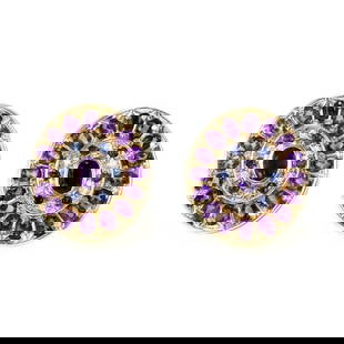 Erte Seven Arts 14k Gold Amethyst Sapphire Diamond Huggie Earrings: Erte Seven Arts 14k Gold Amethyst Sapphire Diamond Huggie Earrings Elevate your jewelry collection with this stunning pair of Erte earrings, expertly crafted from 14k yellow gold. These huggie-style e