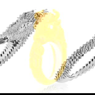 David Webb 18K Yellow Gold Bull Ring with Diamond Eyes: David Webb 18K Yellow Gold Bull Ring with Diamond Eyes This exquisite estate ring by David Webb showcases a charming bull design, crafted from 18K yellow gold. The ring features stunning round brillia
