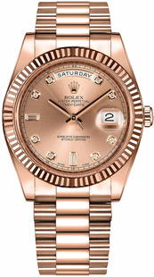 Rolex Daydate 41mm Rose Diamond Dial President Ref 218235 with Warranty Card: Rolex Daydate 41mm Rose Diamond Dial President Ref 218235 with Warranty Card Presenting a stunning Rolex Daydate watch, featuring a captivating Rose Diamond dial and a classic Fluted bezel. This exqui