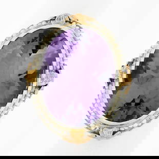 Antique 14k Multi-tone Gold Amethyst Seed Pearl Halo Cocktail Ring: Antique 14k Multi-tone Gold Amethyst Seed Pearl Halo Cocktail Ring This exquisite Antique Cocktail Ring showcases a stunning floral filigree design, crafted with meticulous attention to detail. It fea