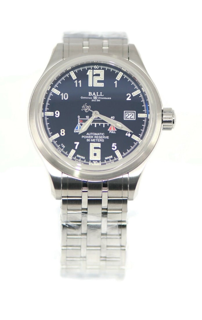 Ball Trainsmaster Power Glow Automatic Watch NM1056D-SAJ-BK with Box and Papers: Ball Trainsmaster Power Glow Automatic Watch NM1056D-SAJ-BK with Box and Papers This Ball Trainsmaster Power Glow wristwatch features a striking black dial and a robust stainless steel case. Crafted w