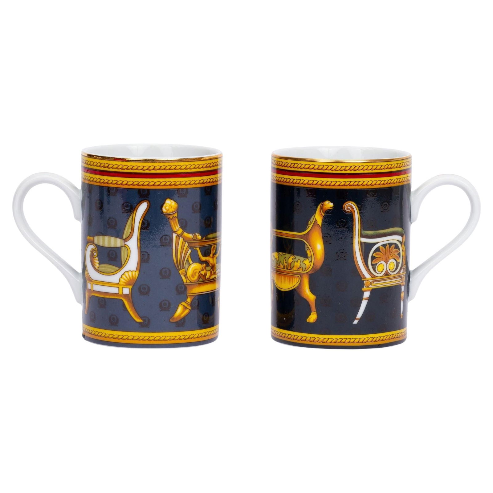 Gucci Set of 2 Chair Design Porcelain Tea Cups Blue: Gucci Set of 2 Chair Design Porcelain Tea Cups Blue This exquisite set of two porcelain tea cups from Gucci features a unique chair design in varying shades of blue, showcasing the brand's signature e