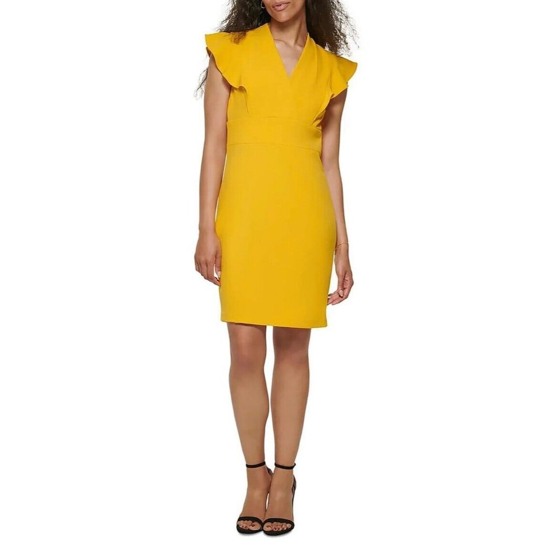 DKNY Petites Flutter Sleeve Mini Sheath Dress Yellow 4P: DKNY Petites Flutter Sleeve Mini Sheath Dress Yellow 4P Elevate your wardrobe with this stylish DKNY Petites Women's Flutter Sleeve Mini Sheath Dress in Mustard Yellow. This chic slip dress features a