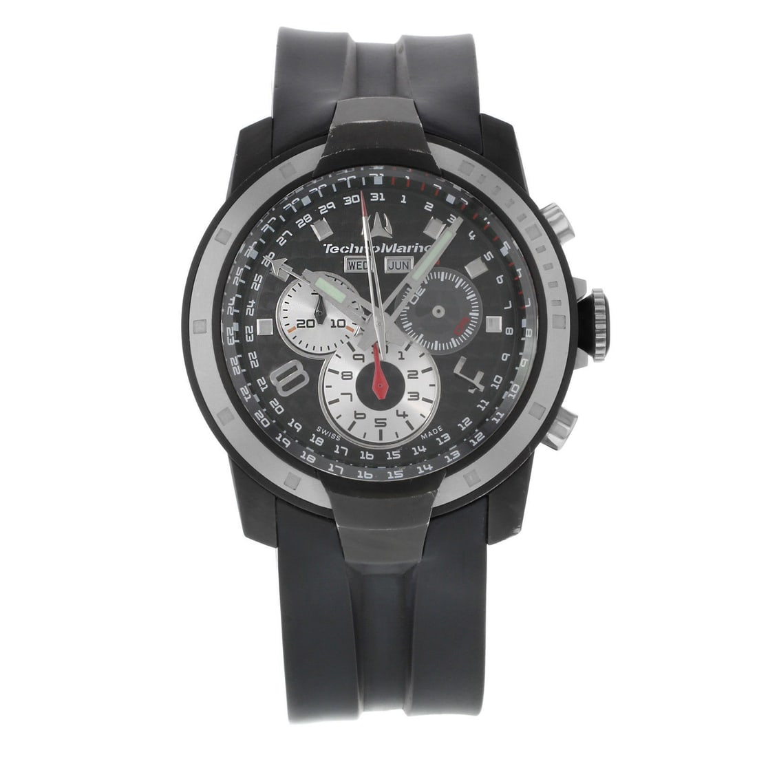TechnoMarine UF6 Chronograph Black Dial Rubber Band Quartz Watch: TechnoMarine UF6 Chronograph Black Dial Rubber Band Quartz Watch Introducing the TechnoMarine UF6 Chronograph, a striking wristwatch designed for the modern man. With its bold black dial and durable r