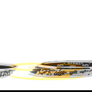 Hermes Narrow Printed Enamel Bangle 65 Gold Plated Austria: Hermes Narrow Printed Enamel Bangle 65 Gold Plated Austria This exquisite narrow bangle from Hermes features a vibrant printed enamel design complemented by a gold-plated body. Originating from Austri