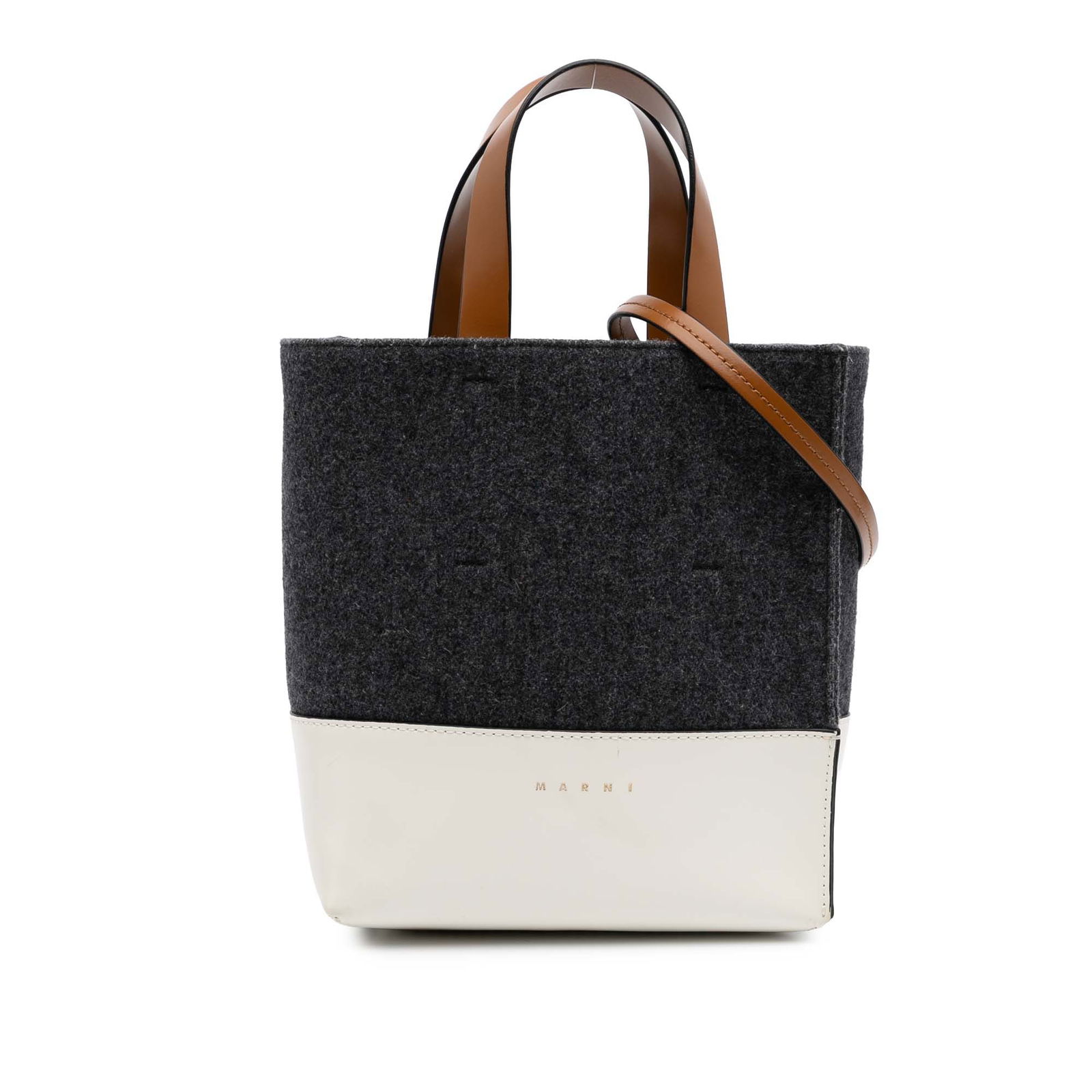 Marni Gray Wool Leather Museo Shopper Tote with Detachable Strap: Marni Gray Wool Leather Museo Shopper Tote with Detachable Strap The Marni Felt Trimmed Leather Museo Shopper Tote is a stylish accessory crafted from a combination of wool and leather. This tote feat