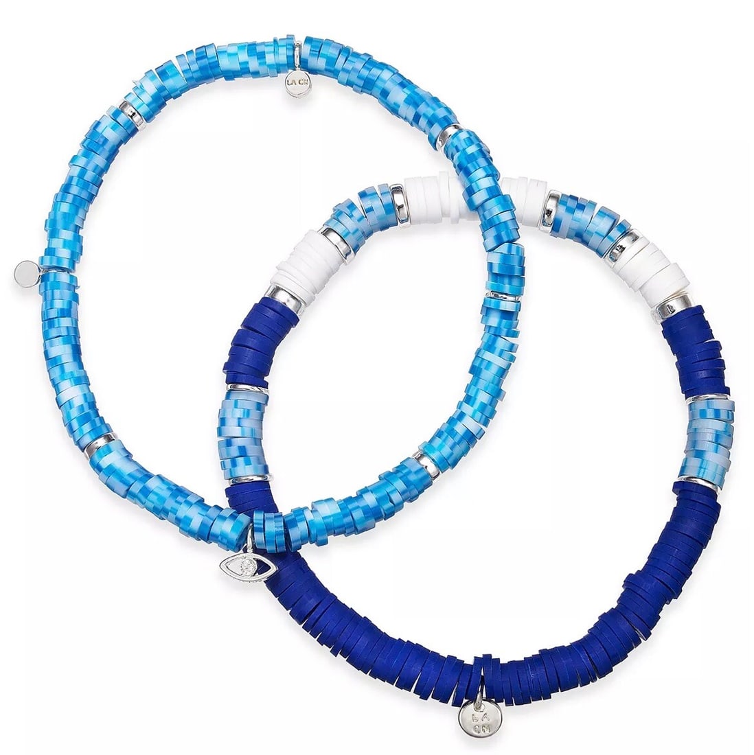 Unwritten Silver Plated Crystal Beaded Evil Eye Bracelet: Unwritten Silver Plated Crystal Beaded Evil Eye Bracelet This exquisite bracelet features a stunning silver-plated finish adorned with crystal and blue disk beads. Crafted from durable stainless steel
