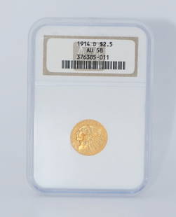 1914-D $2.50 Indian Gold Coin NGC AU58 Pre-1933: 1914-D $2.50 Indian Gold Coin NGC AU58 Pre-1933 This 1914-D $2.50 Indian Gold Coin is a remarkable piece for collectors and enthusiasts alike. Graded AU 58 by NGC, this coin showcases its uncirculated
